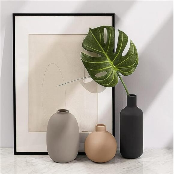 Set of 3 Neutral Ceramic Vases Modern Farmhouse Decor for Shelf Table Entry - Picture 4 of 6